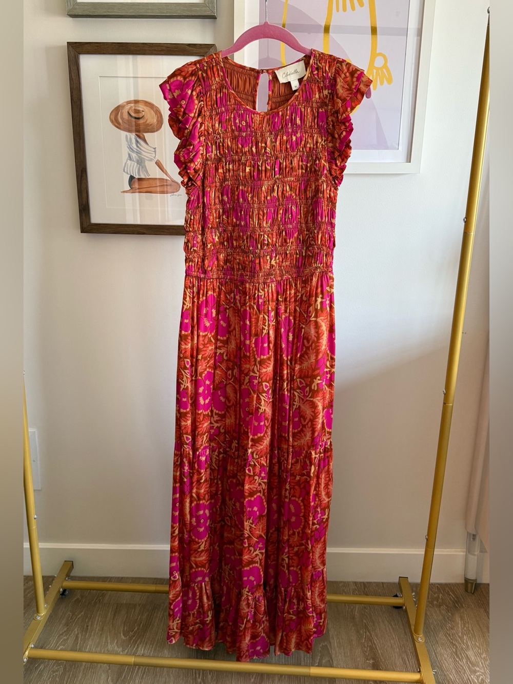 Cleobella Pink and Orange Floral Smocked Maxi Dress • M